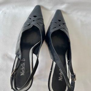 MICHELLE D. Dark Navy Leather Criss Cross detail Slingback Heels